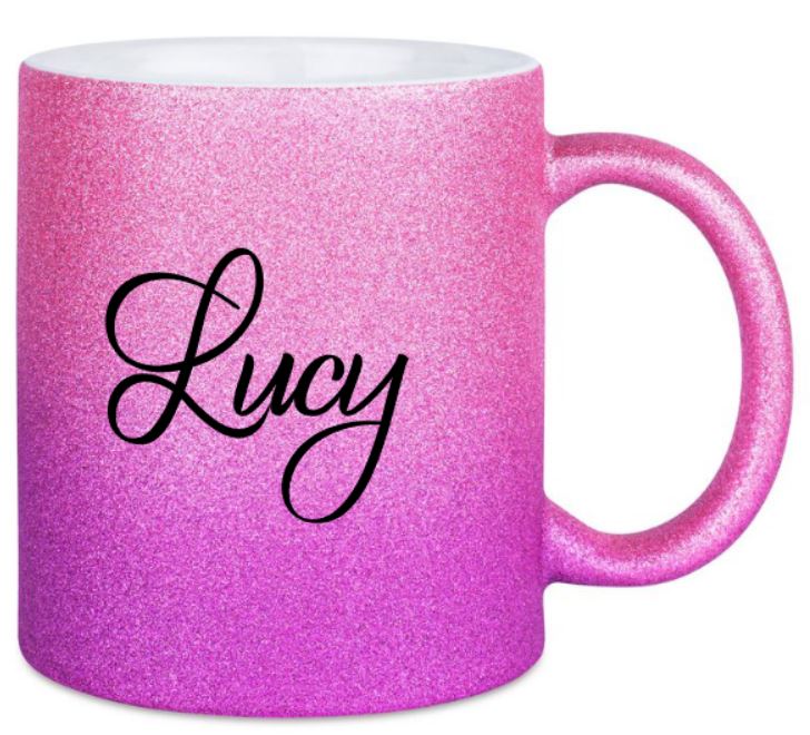 Glitzertasse  Name rosa/lila